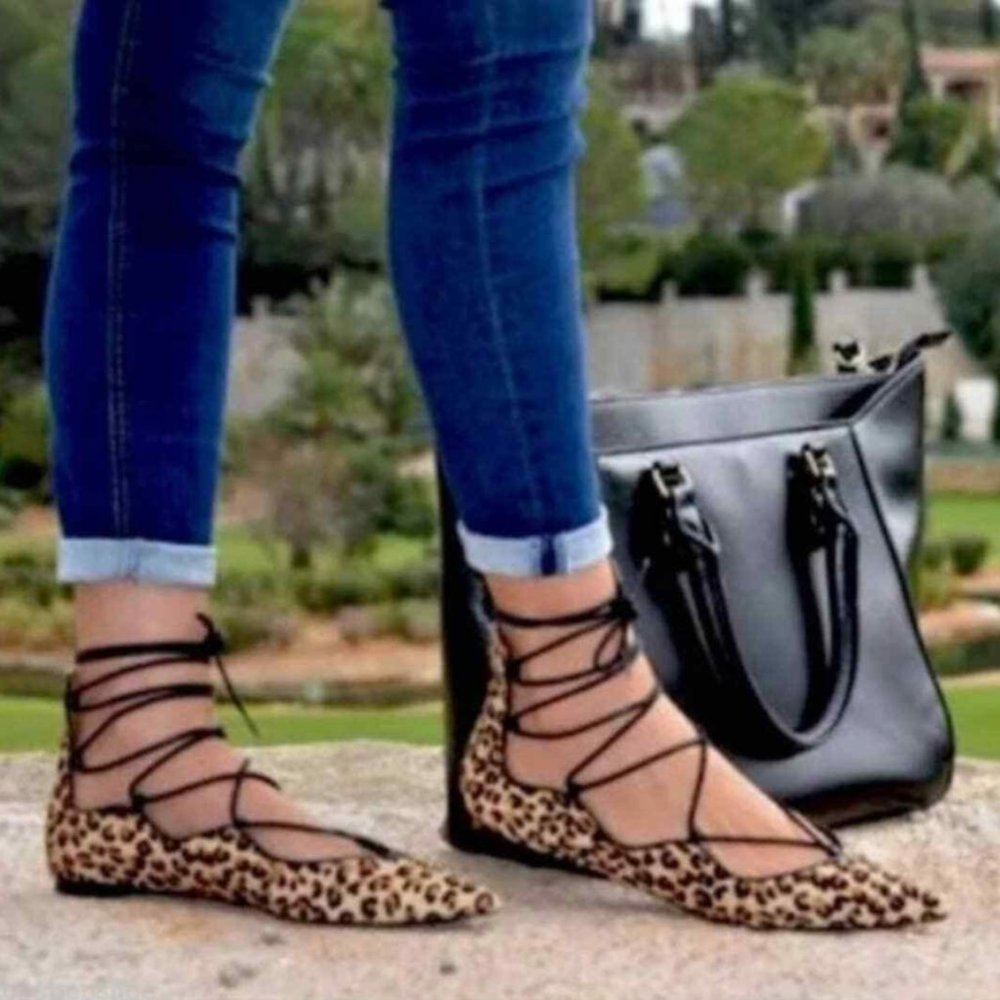 Zara Women Leopard Print  Calf Hair Lace Up Ballerina ballet Flats Pointed 40/9